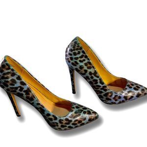 Shoe Dazzle- blue/Black leopard print heels